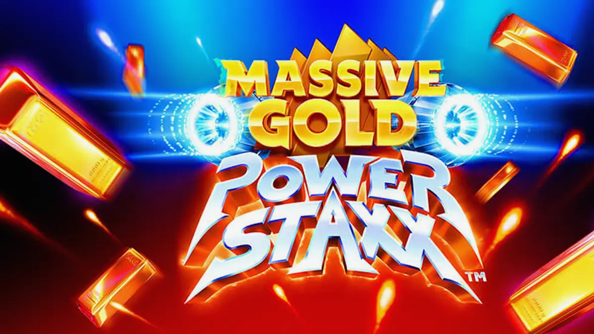 Tampilan visual futuristik dari slot Massive Gold Power Staxx dengan simbol emas dan latar belakang galaksi.