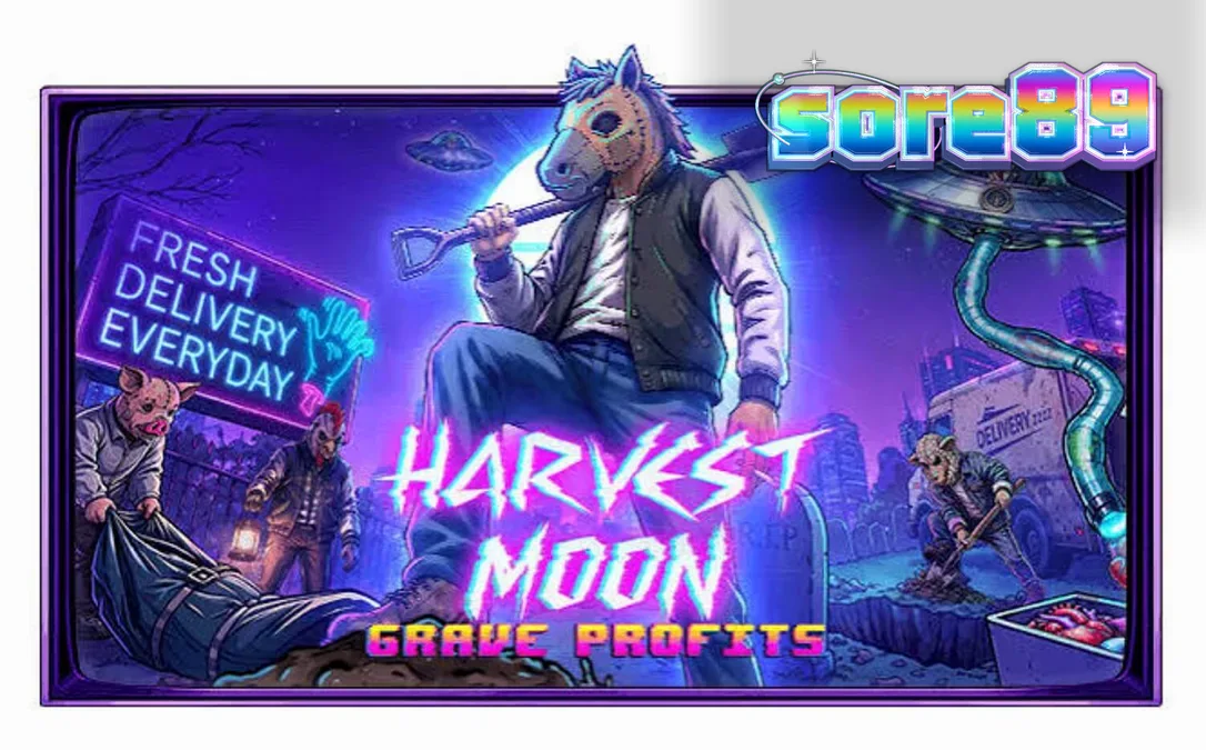 Tampilan visual slot Harvest Moon Grave Profits dengan tema horor sci-fi
